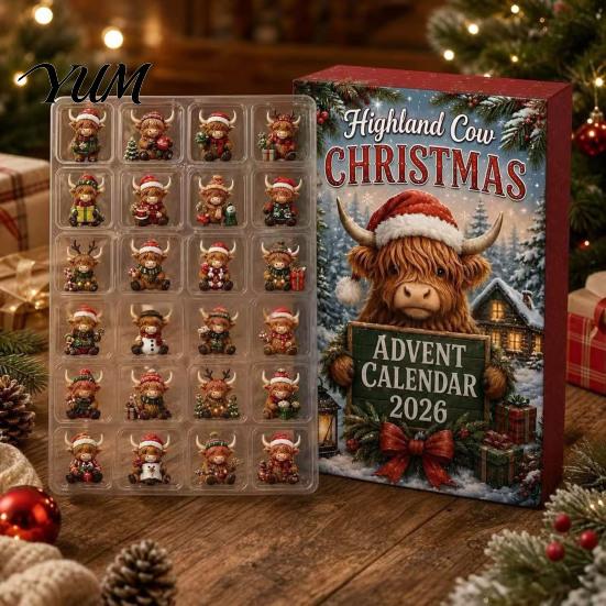 Acrylic Surprise Gift Boxes 2026 Highland Cow Christmas Advent Calendar, 24-Day Countdown Ornament Set with Interactive Family Activity Mini Figures,