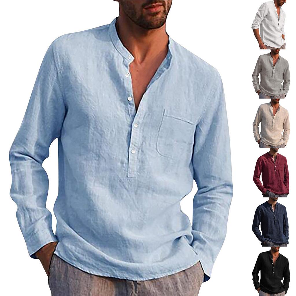 Дизайнерские весенне-летние мужские повседневные рубашки из хлопка и льна, однотонные рубашки с длинными рукавами, свободные рубашки с воротником-стойкой