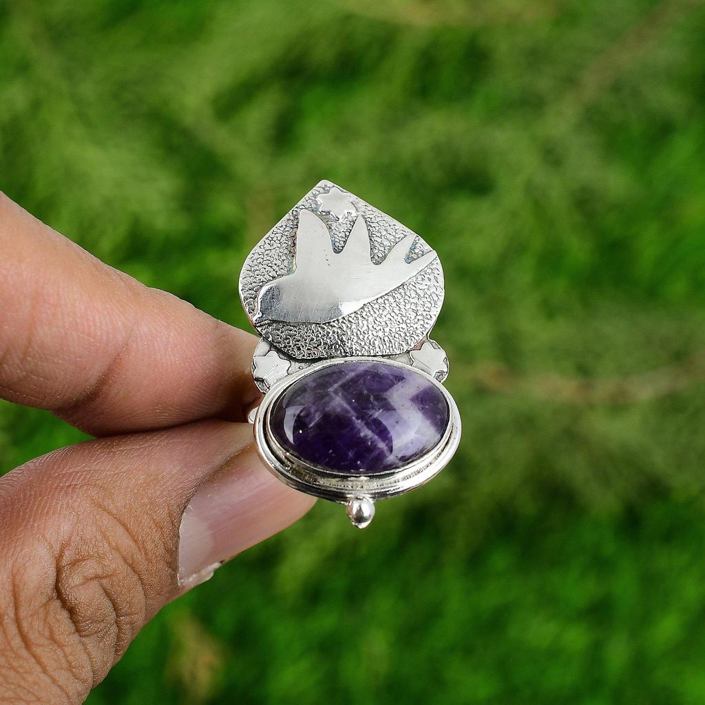 Natural Chevron Amethyst Multi Stone Bird Purple Adjustable Ring 925 Silver