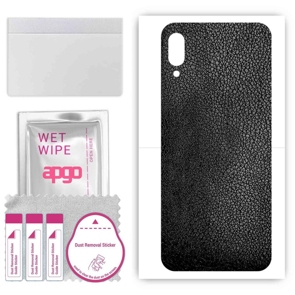apgo Protective Skin Sticker for the Back Compatible with Wiko View3 Lite, Wrap Film, Foil, Vinyl - Pattern Black Leather