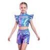 Girls Jazz Dance Outfit Mesh Patchwork Rhinestone Sleeveless Ruffle Metallic Crop Top Tear Away Shorts