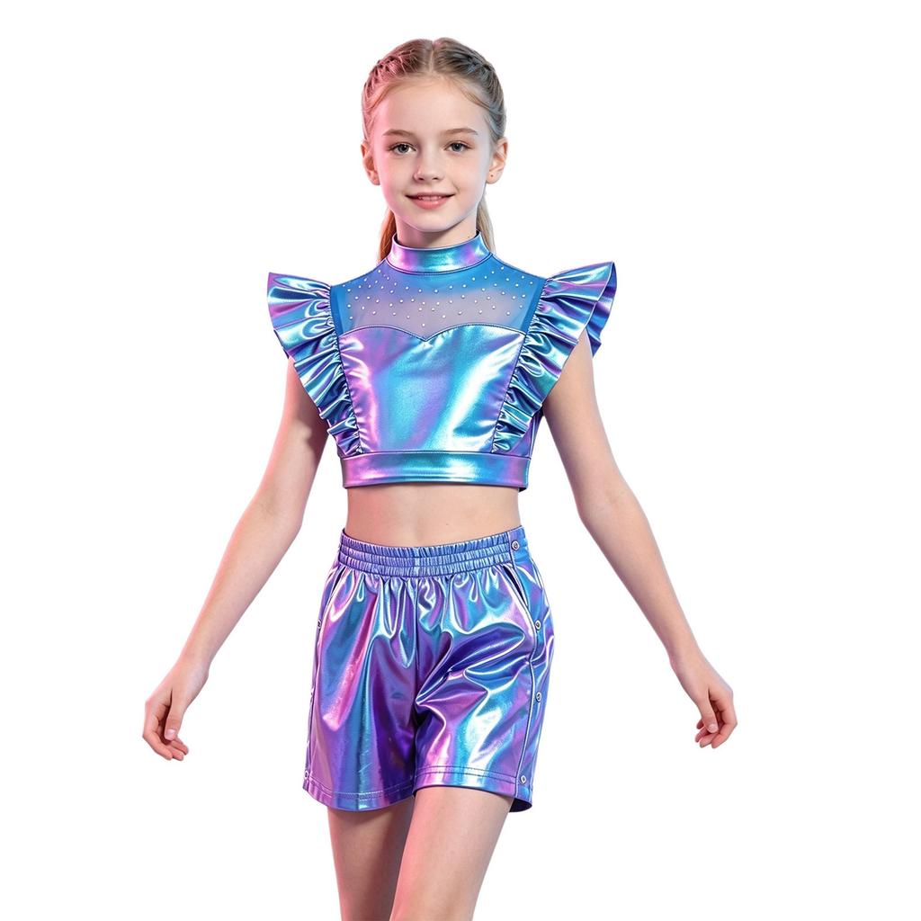 Girls Jazz Dance Outfit Mesh Patchwork Rhinestone Sleeveless Ruffle Metallic Crop Top Tear Away Shorts