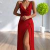 Женское облегающее платье миди без рукавов с V-образным вырезом, сексуальное платье на тонких бретелях с высоким разрезом и драпировкой, платье для коктейльной вечеринки, платье для гостьи на свадьбу