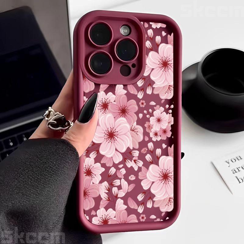 Pink Peach Flower Phone Case For iPhone 16 16E 15 14 13 12 11 Pro Max X XR XS Max 7 8 Plus Anti-Drop Silicone Soft Cover