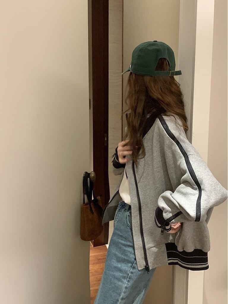 Women's Petite College Style Fleece Baseball Jacket - Cozy, Loose, Casual for Autumn/Winter