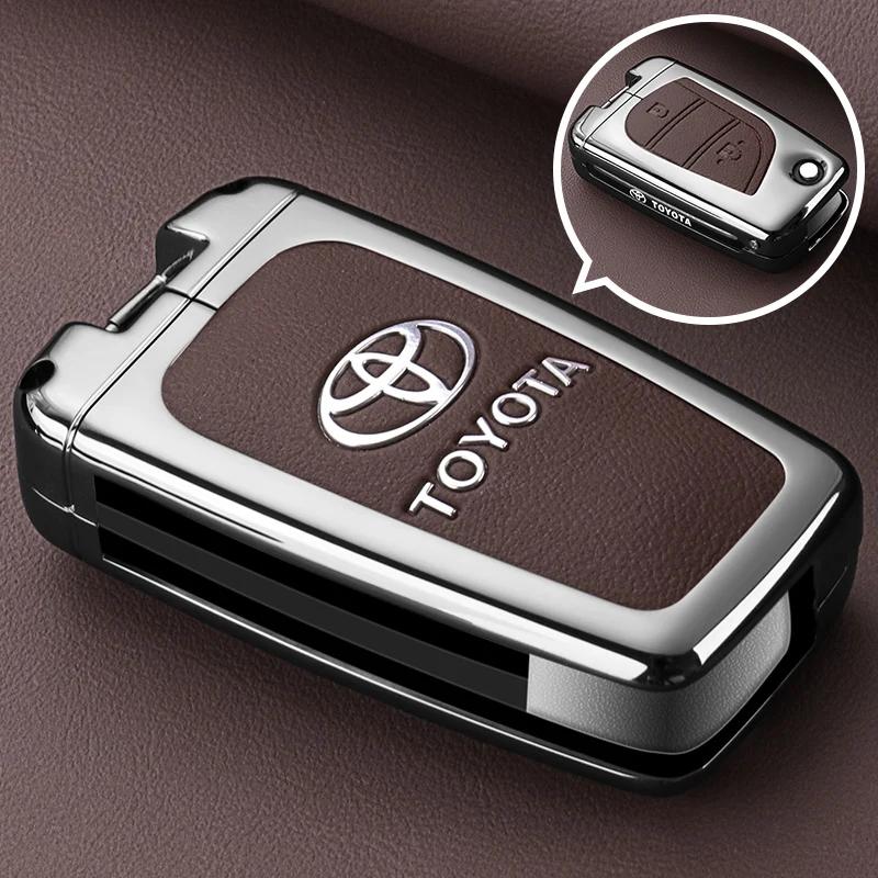 QHJS9 Zinc Alloy Leather Car Key Case Cover Shell for Toyota CHR Hilux Fortuner Land Cruiser 200 Camry Corolla Crown RAV4 Highland