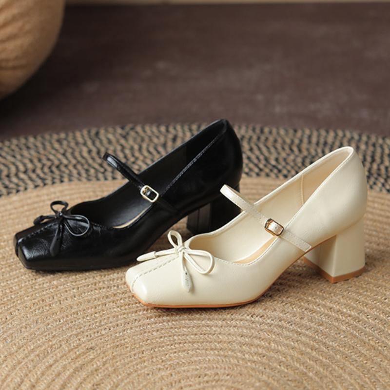 Shallow Mouth Mary Jane Shoes Female Bowknot Thick Heel Solid Color Square Toe Single Shoes High Heels All-match Autumntime