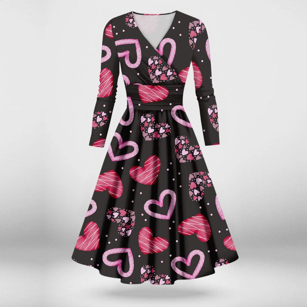 Женская мода повседневное сексуальное платье с длинным рукавом и v-образным вырезом с принтом ко Дню святого Валентина