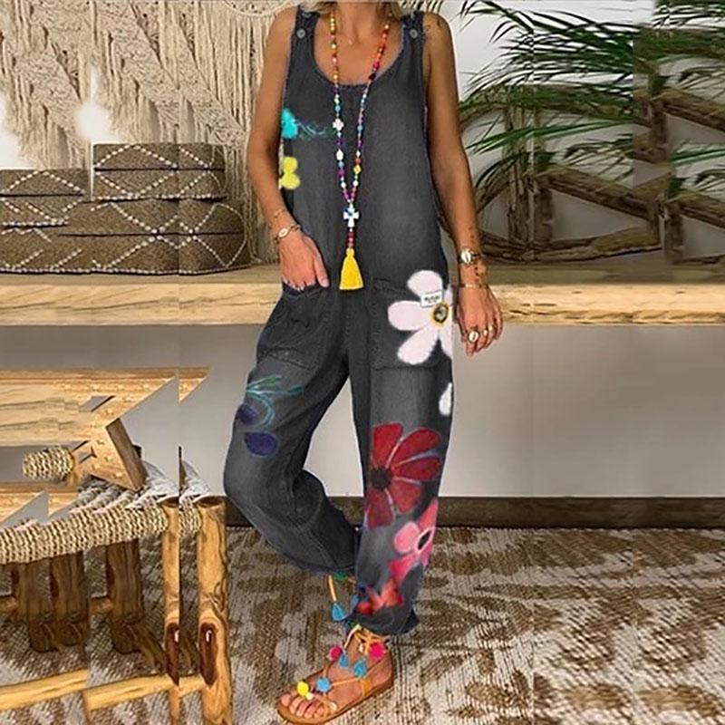 Женский модный летний комбинезон без рукавов с цветочной вышивкой, джинсовый комбинезон
