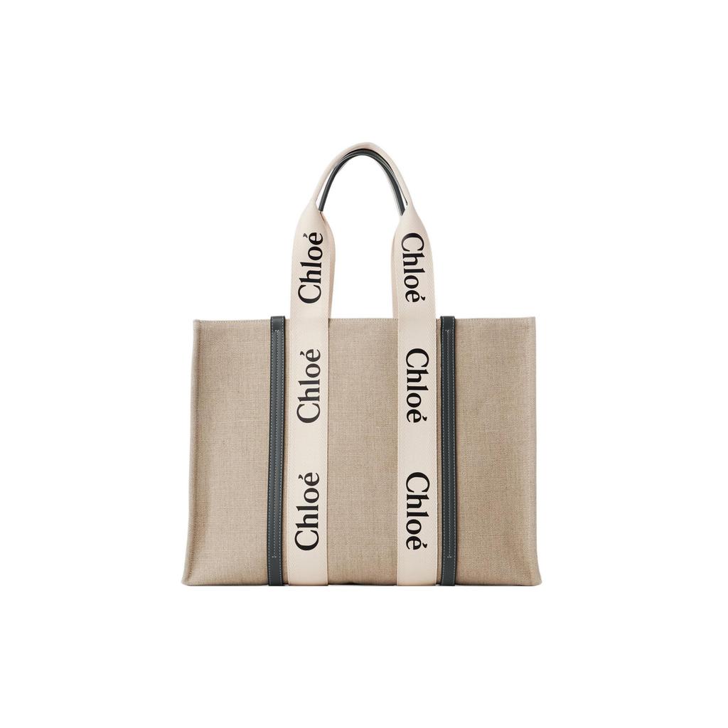 Chloe Woody Logo Print Satin Ribbon Canvas And Leather Tote Bag Women Tote Bags CHC22-AS382I26-91J