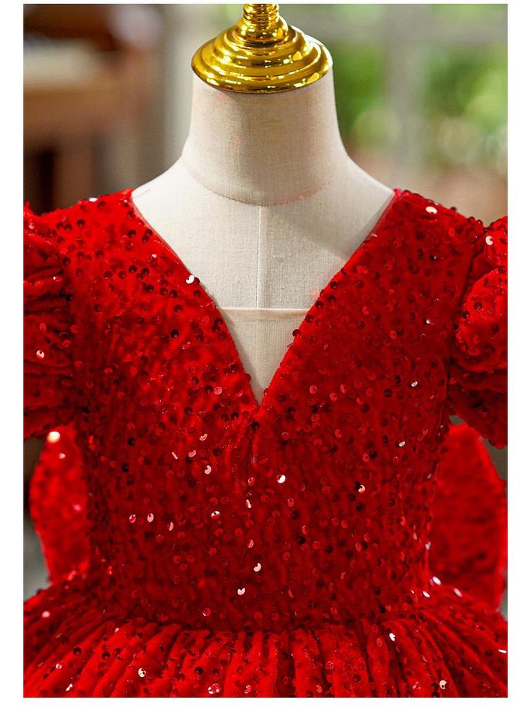 Red Sequin Puffy Skirt Formal Dress for Girls - Princess Birthday & Piano Performance Costume