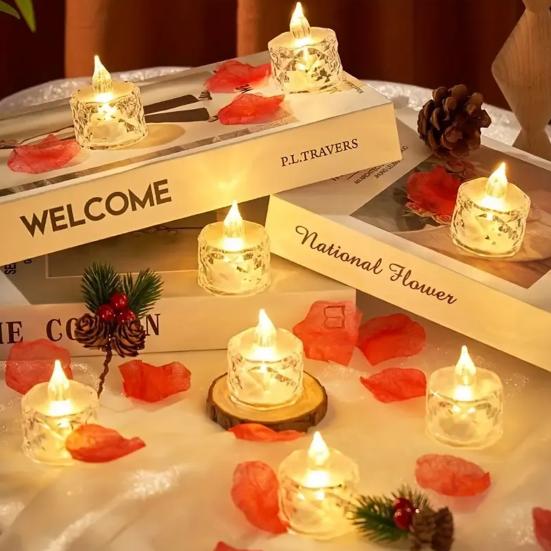 4Pcs Crystal Flameless Candle Lights LED Tealight Candles Battery-Operated Twinkling Light Fake Candles for Weddings Home Decor