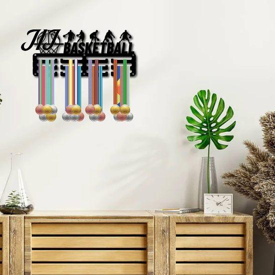 Entryway Key Holder for Wall Metal Basketball Medal Holder, Hanger Rack, Mounted Awards Display Rack Room Decor, Hooks Medals 3 Lines Design,