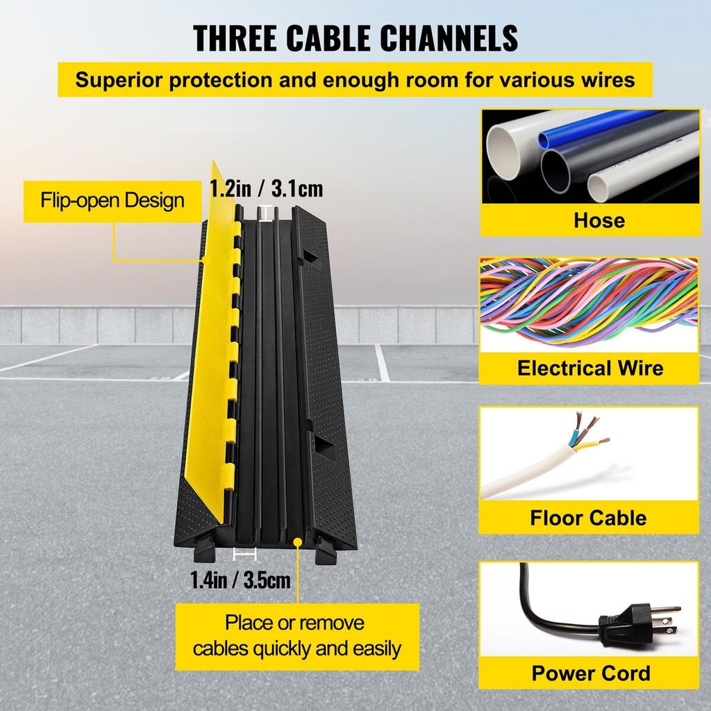 3 Channel Rubber Cable Protector Ramp 1.2 x 1.2 Inch Channel Heavy Duty Cable Wire Cord Cover Ramp Speed Bump Driveway Hose Cable Ramp Protector