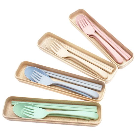 3 шт. портативный набор посуды, экологически чистые палочки для еды, ложка, вилка, пластиковые столовые приборы с коробкой для студентов, офисных работников