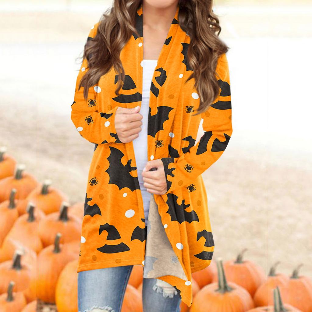 Женский модный повседневный кардиган средней длины с принтом на Хэллоуин, куртка, пальто