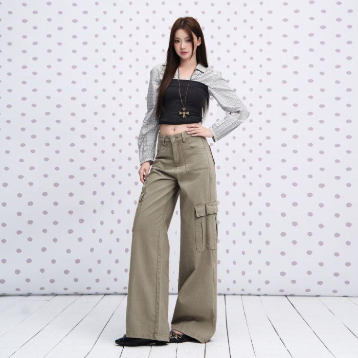 Cement gray American multi-pocket tooling jeans women's early autumn loose straight versatile casual pants