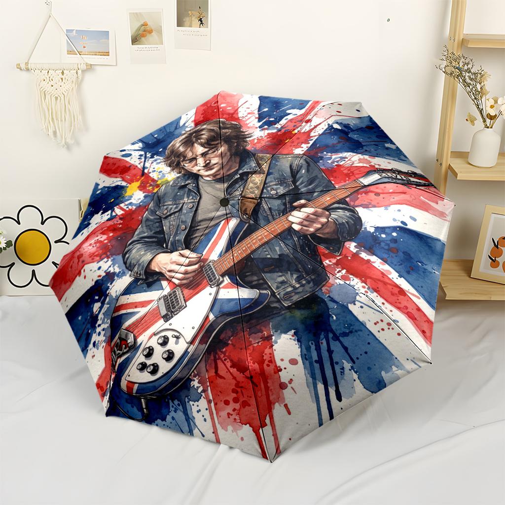 John Lennon Union Jack Guitar Automatic Umbrella Folding Umbrella with 8 Ribs Foldable Design Travel Essential Fashion Lovers