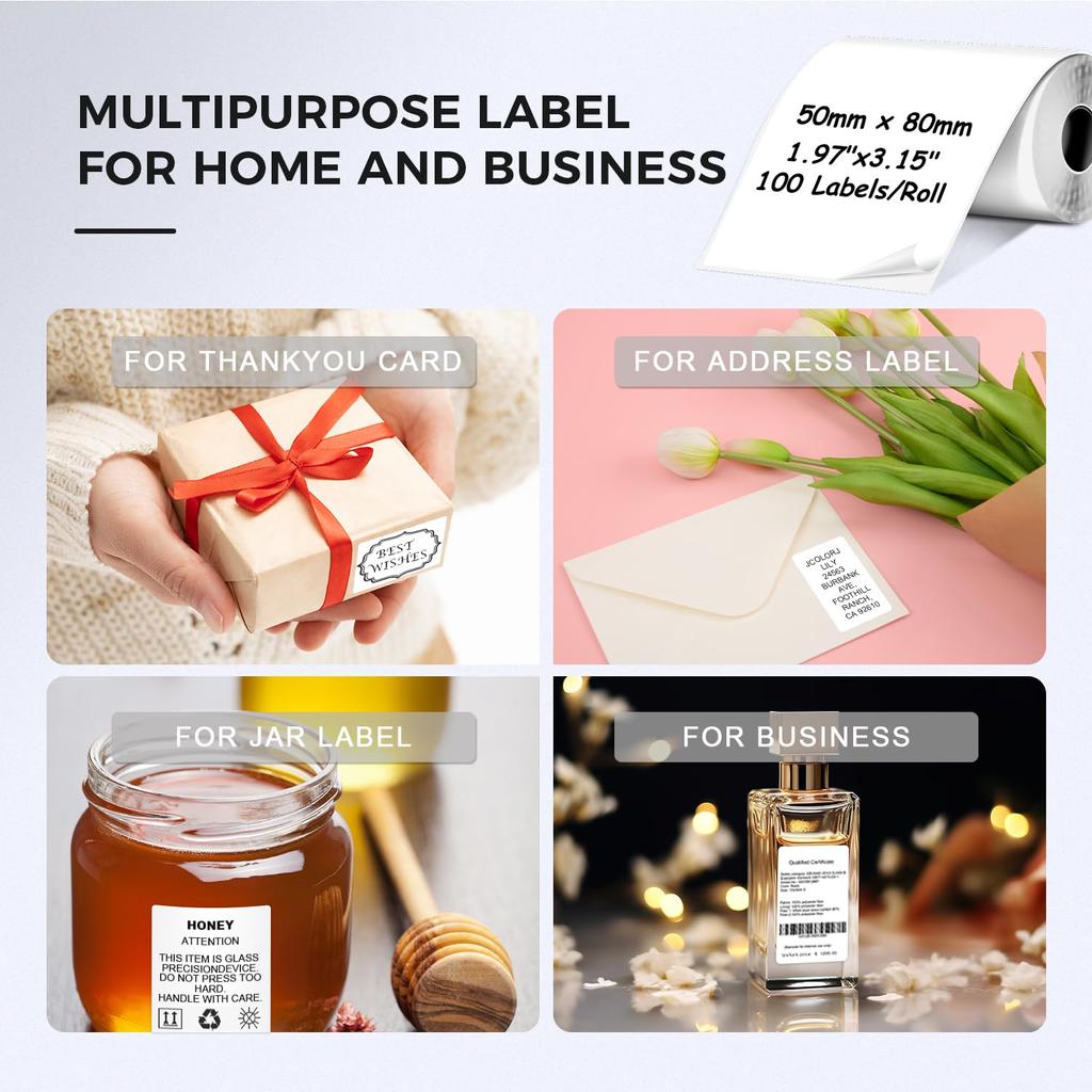 Labels for M110/M220, 1.97'' X 3.15''(50x80mm),Square,White,100 Labels/Roll, Self-Adhesive Thermal, for Logo, Barcode, Address