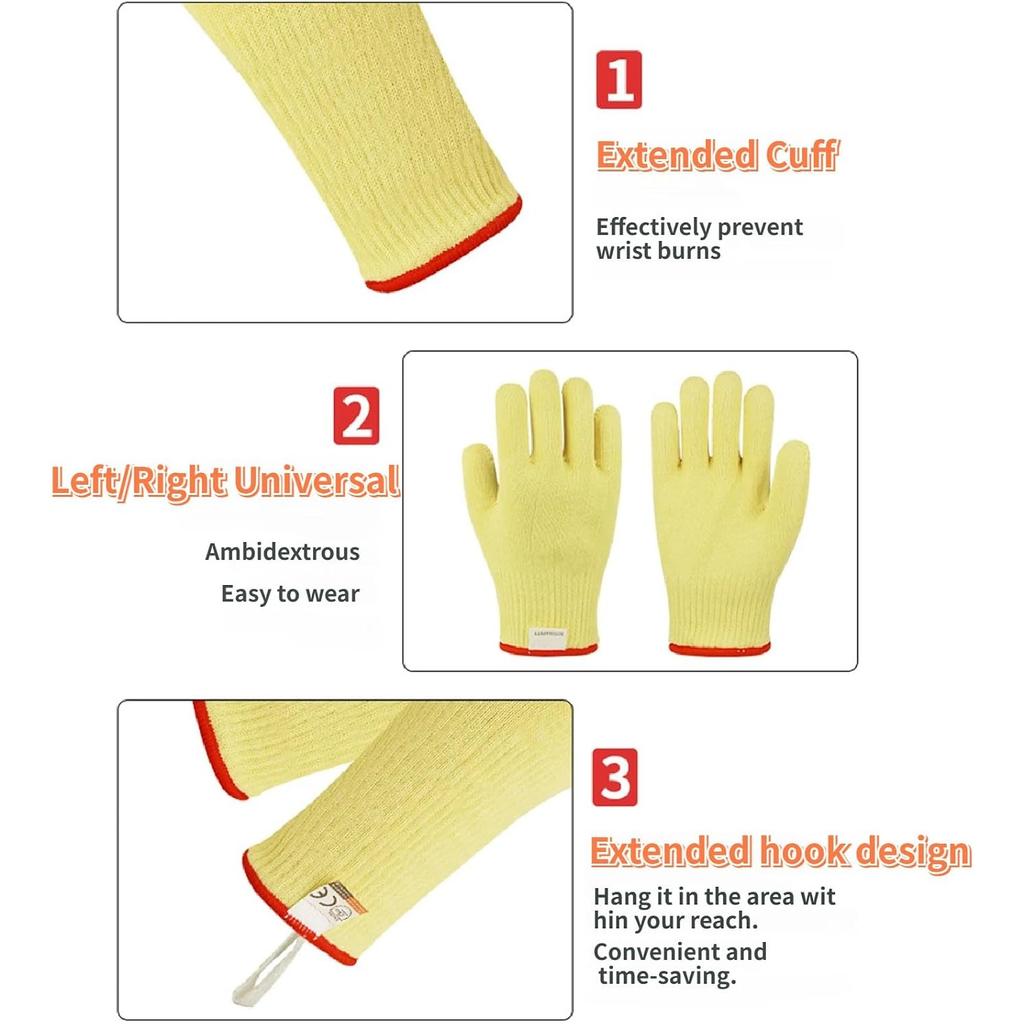 Grilling Gloves, BBQ Gloves 932°F Heat Resistant, Double Aramid Oven Gloves, Machine Washable, Long Kitchen Gloves (1Pair) Yellow-26cm/10.24in