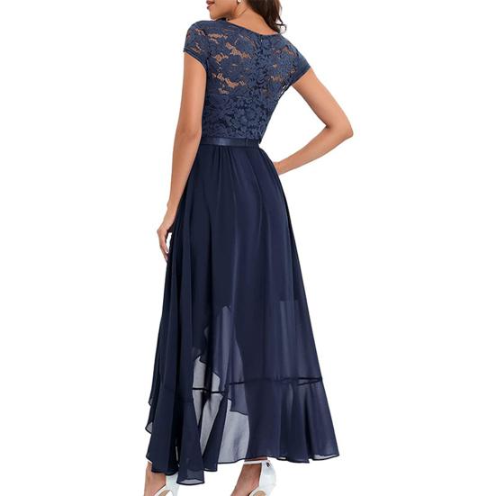 Women Party Dress Lace V Neck Ruffle Sleeveless Irregular Hem Dress-up Tight Waist Loose Hem Women Prom Dress