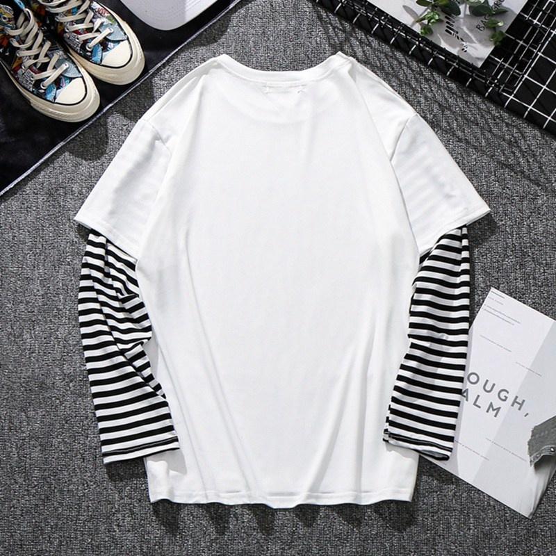 Унисекс модная полосатая мужская/женская футболка baju lelaki с длинным рукавом и круглым вырезом, поддельные две футболки, 2 цвета, однотонная, черная и белая
