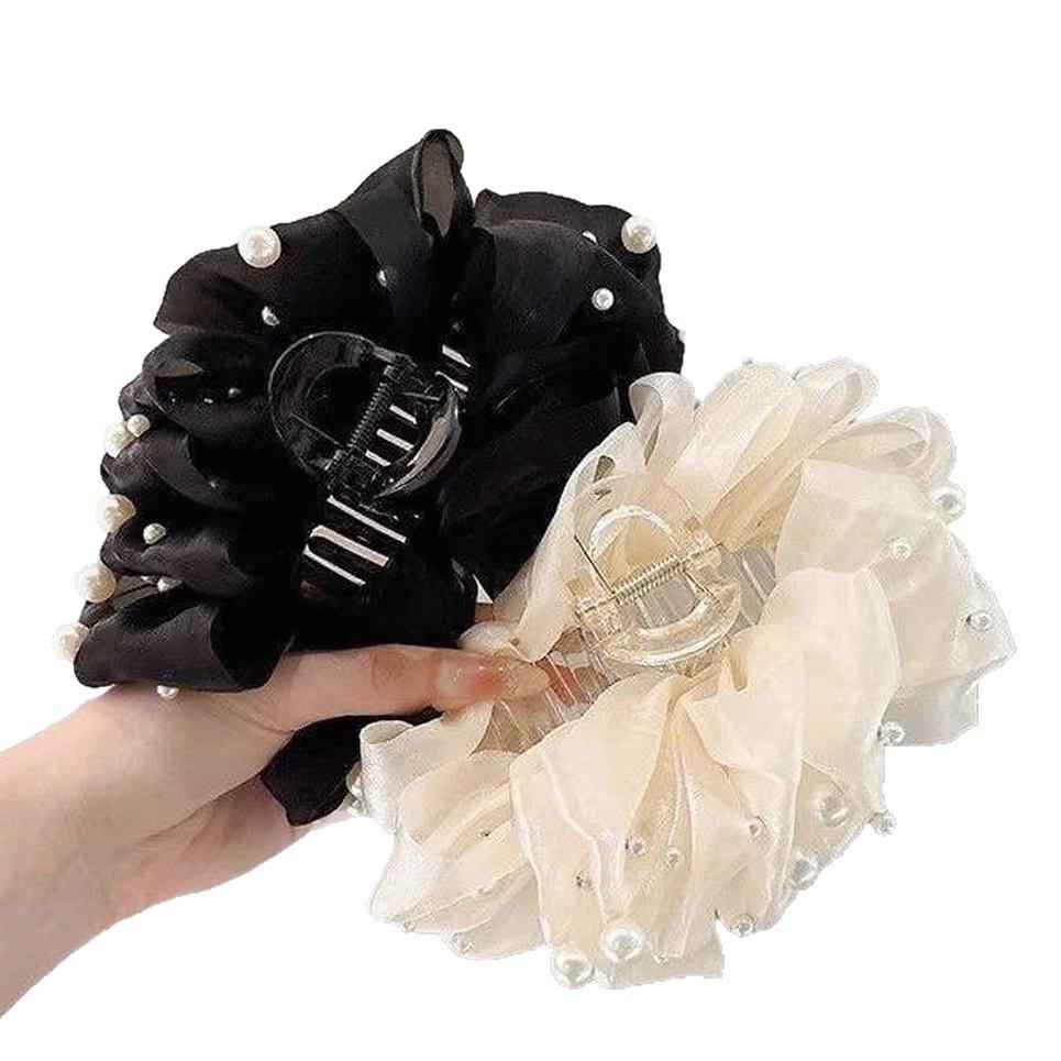 Elegant French Pearl Bow Claw Clip: Large Mesh Hair Accessory for Women