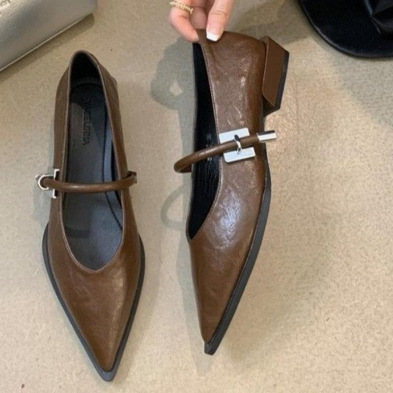 Модные женские туфли Мэри Джейн с острым носком, осень, новые, с неглубокой металлической пряжкой, однорядная пряжка, удобные одинарные туфли