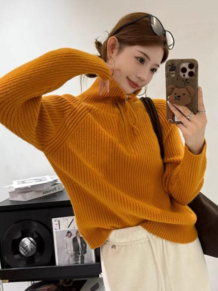 Women's High Neck Zipper Sweater - Autumn/Winter Loose Fit Korean Style Knitwear