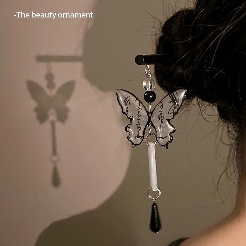 Fashion New Style Chinese Style Calligraphy Butterfly Earrings Hairpin for Female Retro Long Delicate Tassel Pendant Ear Hook Hairpin