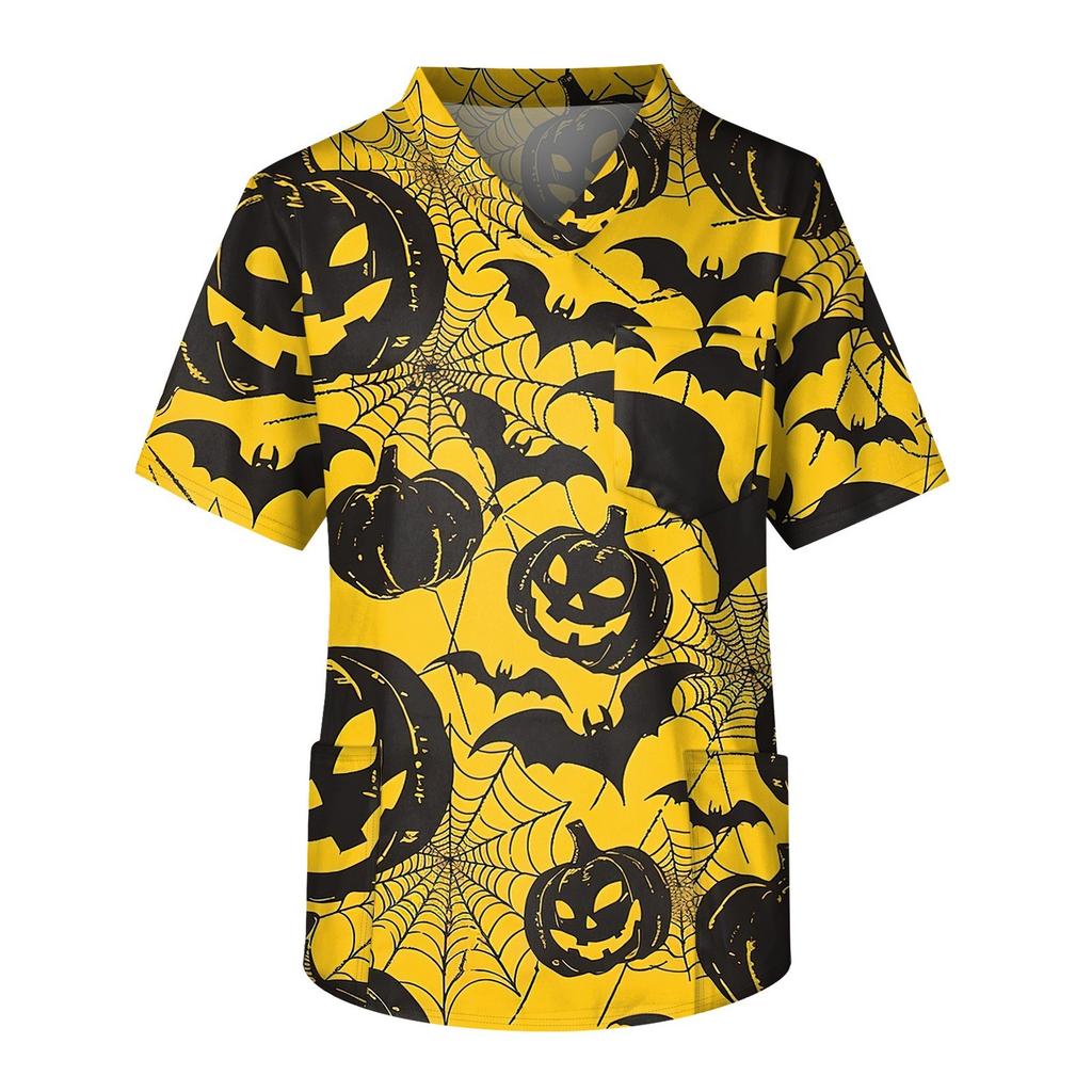 Мужской топ с короткими рукавами и v-образным вырезом на Хэллоуин с принтом на груди и карманом для ухода за кожей