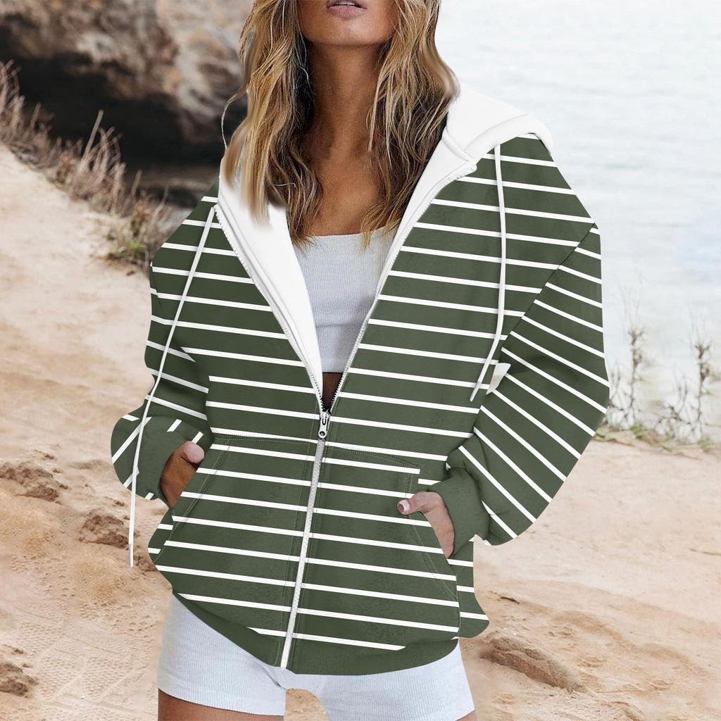 Женская толстовка с длинными рукавами и полосатым принтом, куртка с длинными рукавами и карманами, на молнии, пальто с капюшоном