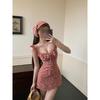 Red Plaid Flying Sleeves Rose Suspender Dress Women's Summer Fishing Dating Waist Thin Hip Skirt