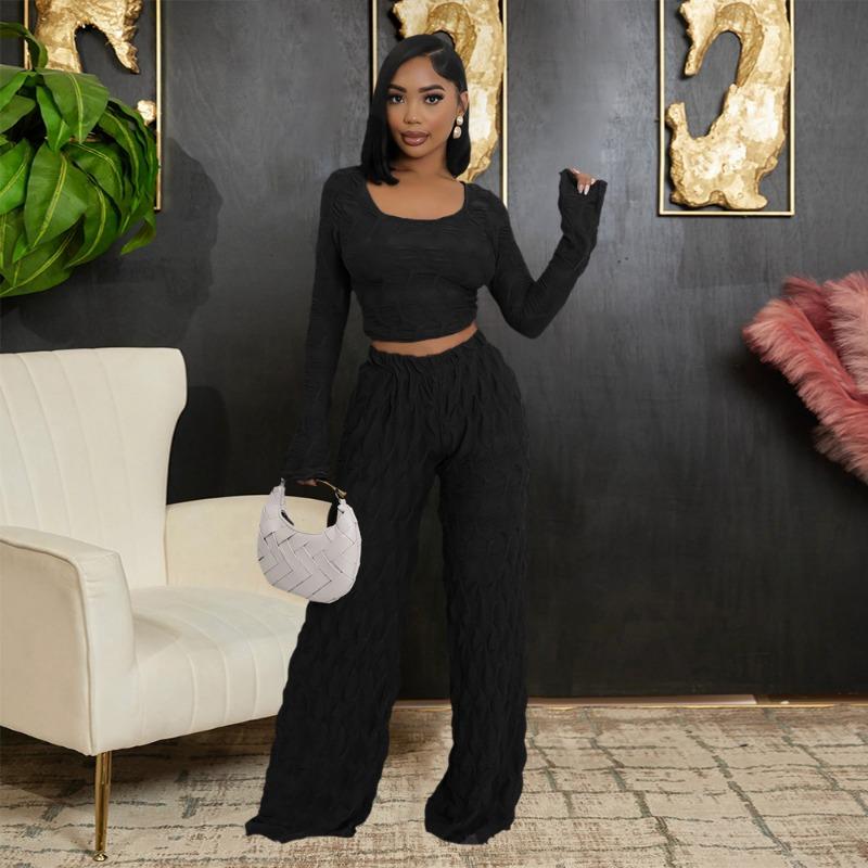 Женский новый комплект из двух предметов: короткий топ с однотонным воротником, длинными рукавами и модными узкими брюками