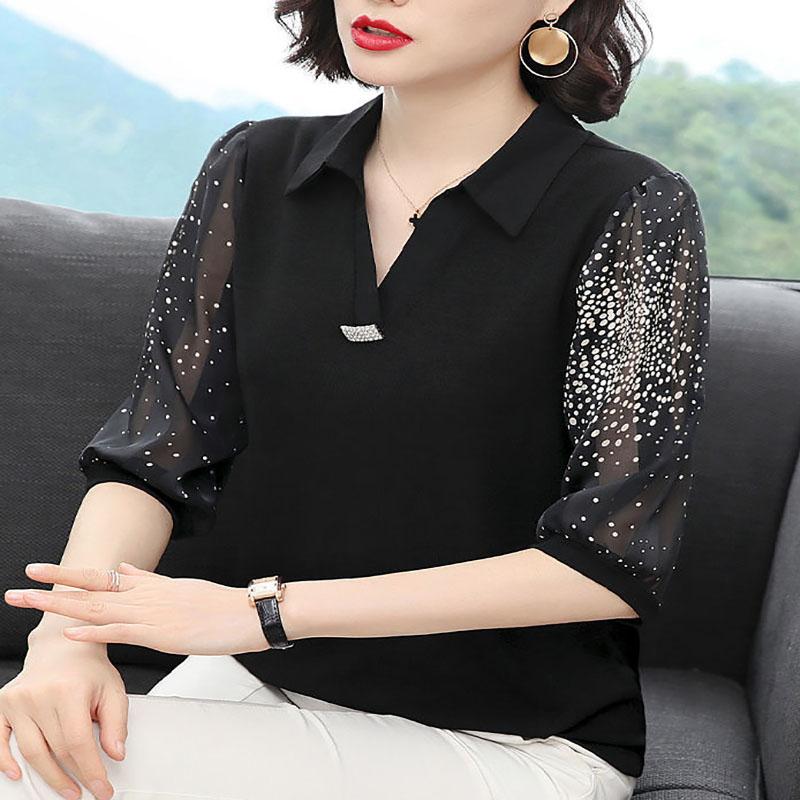 Летний женский шифоновый топ, кружевной топ в горошек, свободный большой размер с V-образным вырезом