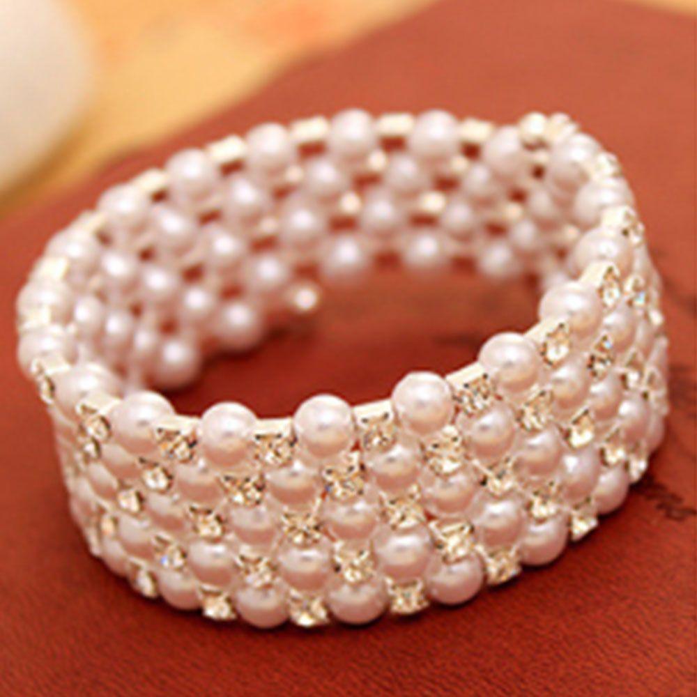 Crystal Chain Charm Winding Beaded Wide Bracelets Pearl Bangles Multilayer