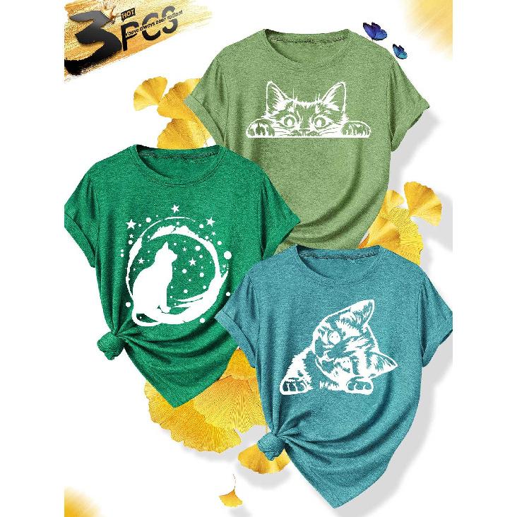 3 Simple and elegant women's party attire Cat Silhouette Series Round Neck Casual Sporty Fresh Elegant Plus Size Women's Short Sleeve T Fashionable