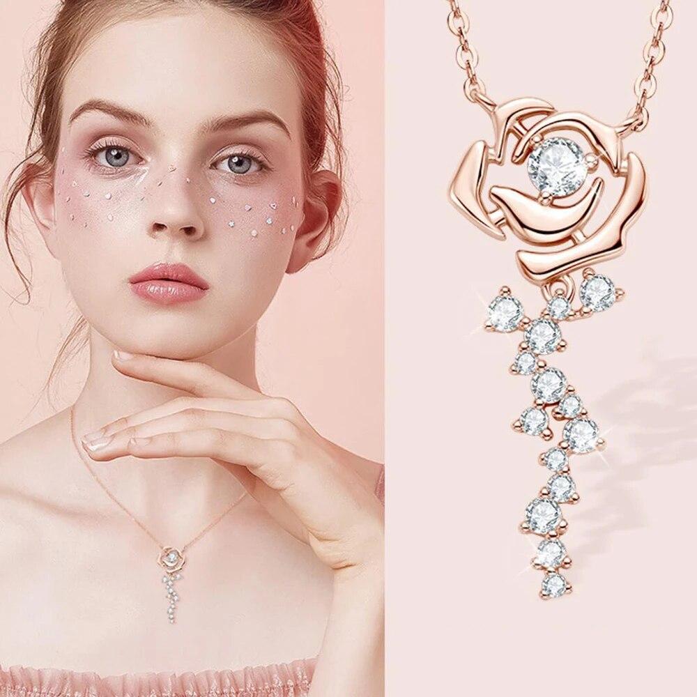 Ожерелье из розового золота с полным муассанитом, оригинальные сертифицированные позолоченные 18-каратной пробы серебро 925 пробы, колье-цепочки с цветком розы для женщин, ювелирные изделия GRA