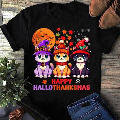 Hallothanksmas Cat T-Shirt: Halloween, Thanksgiving, Christmas Tee