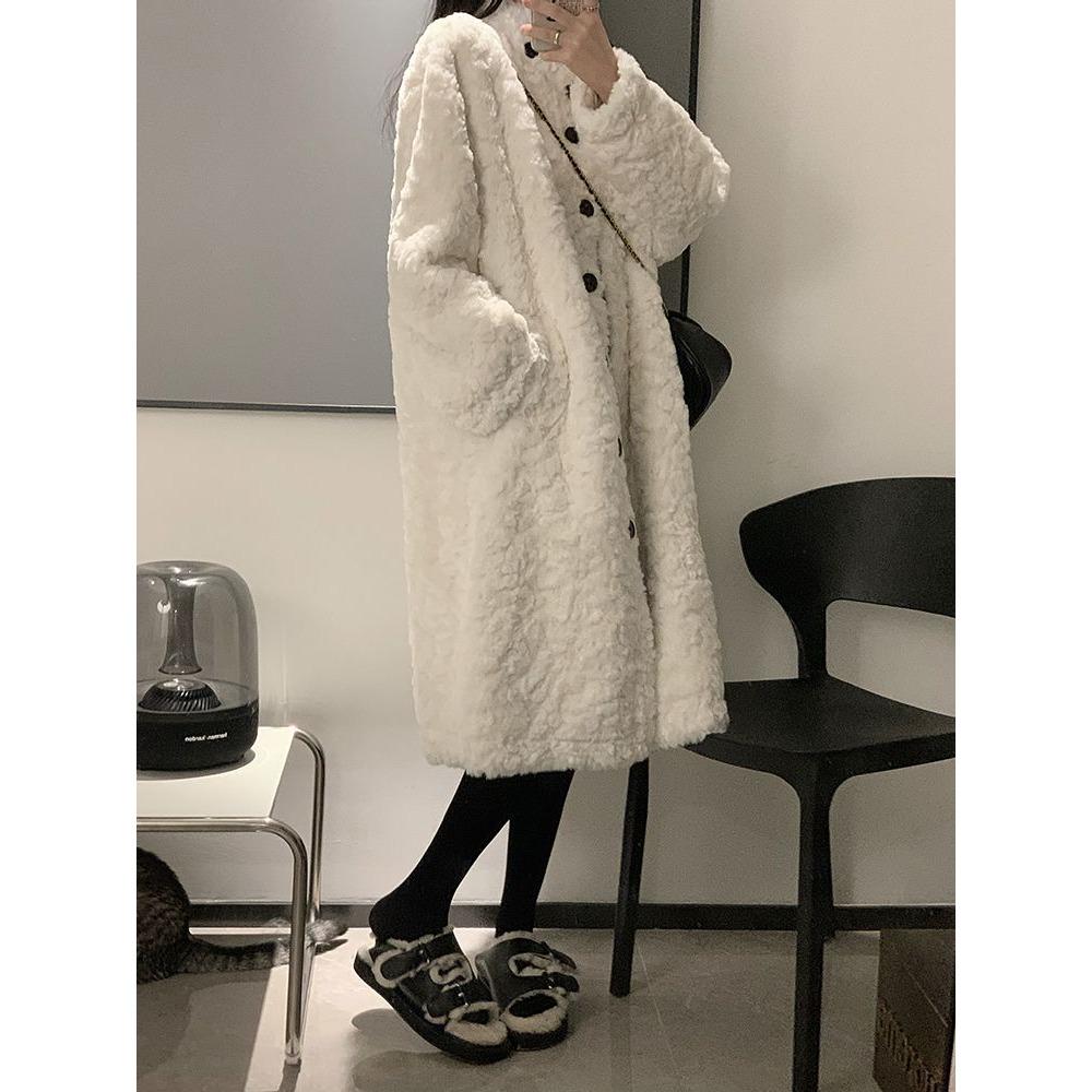 Пальто из овечьей шерсти, женское длинное пальто выше колена, утолщенный мех, свободный воротник-стойка, теплая повседневная стеганая куртка