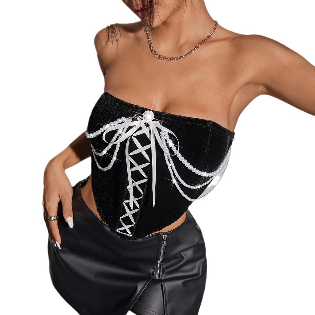 Women's Niche Spice Girls Vintage Velvet Patchwork Pearl Chain One Shoulder Sheath Fishbone Corset