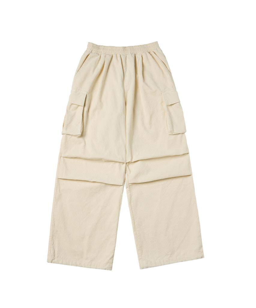URBANAGE Corduroy Single-Pleat Wide Elastic Banding Parachute Cargo Pants_Ivory