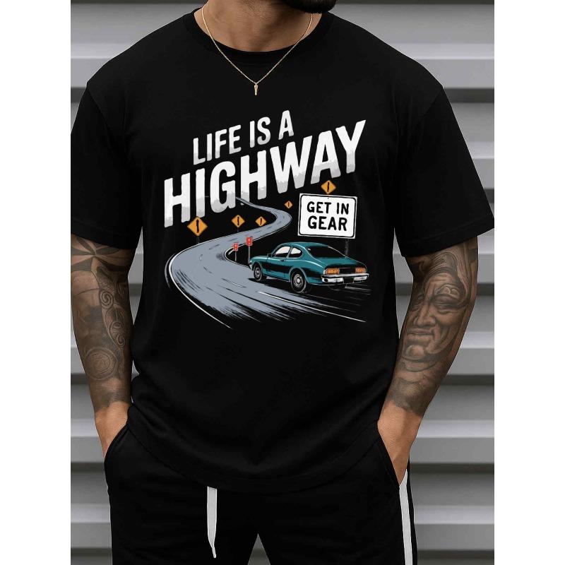 Европейские размеры Life's Highway Gear Мужская черная футболка с принтом "Гараж" на спине - Уличный стиль, короткий рукав, круглый вырез, повседневная