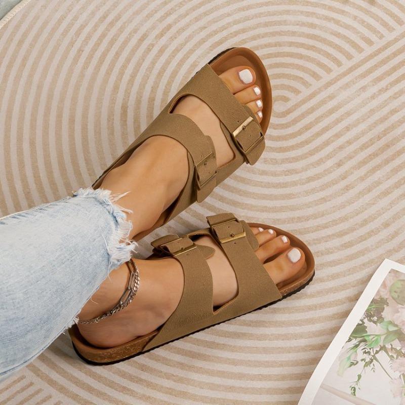 One-word Buckle Slippers Women's New Women's Shoes Large Size Wear Thick-soled Cork Beach Cool Slippers