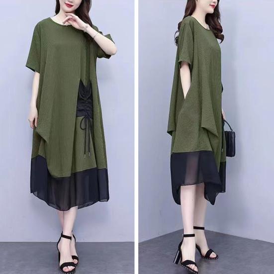 Women's Summer Short Sleeve Midi Dress with Pocket Casual Crew Neck Mesh T-shirt