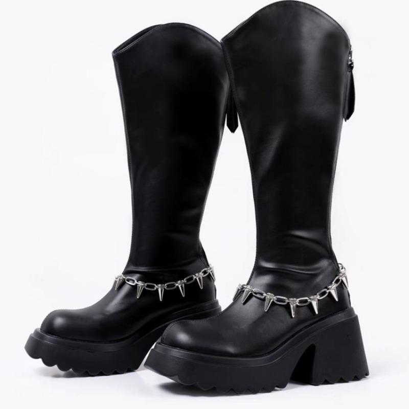 Chain High Heels Women Knee High Boots Fad Platform Leather Shoes Brand Designer Chunky Shoes Winter 2025 Trend Goth Botas Mujer