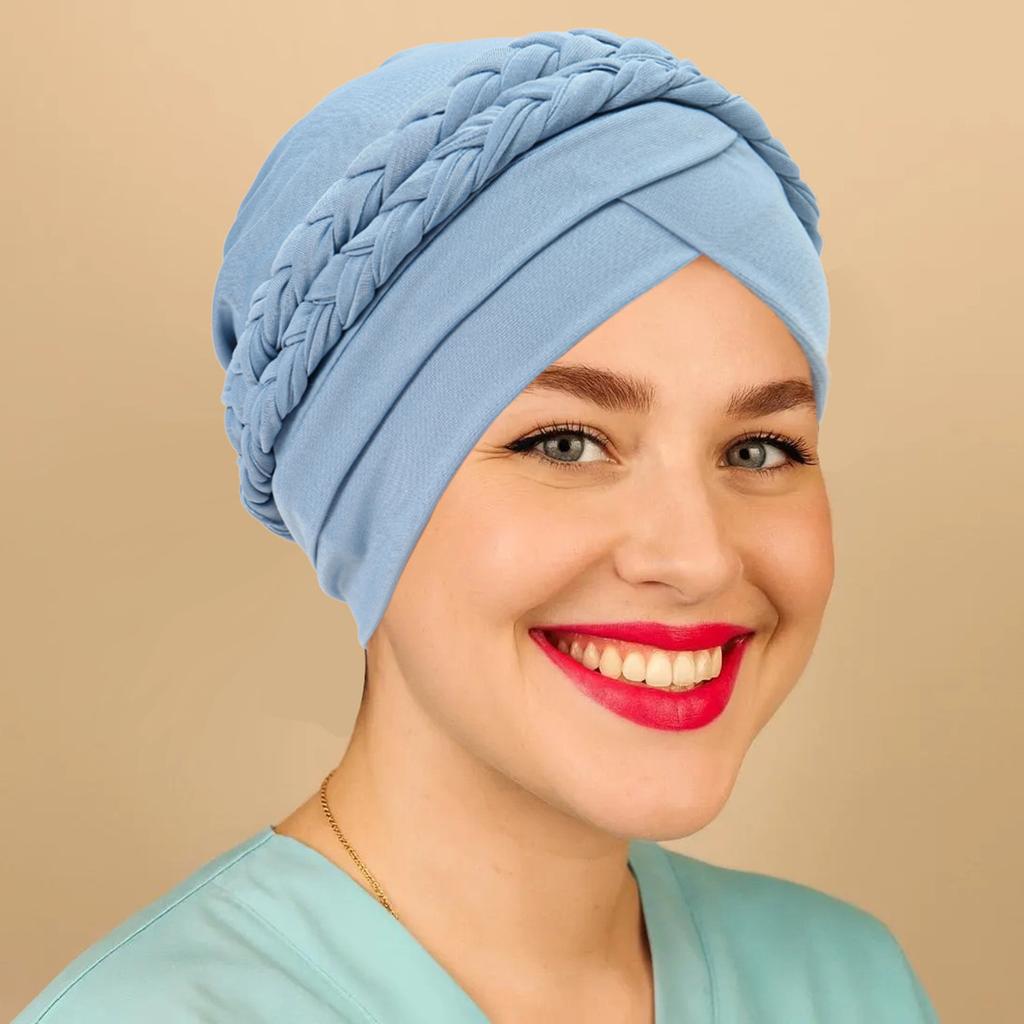 Solid Color Muslim Turban Hat Single Color Milk Silk Two Braids Headscarf Hat