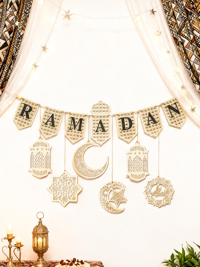 Ramadan Kareem Wooden Banner Garland - Islamic Moon Star Lantern Hanging Decor for Muslim Festival Home Party Wall Ornament Gift