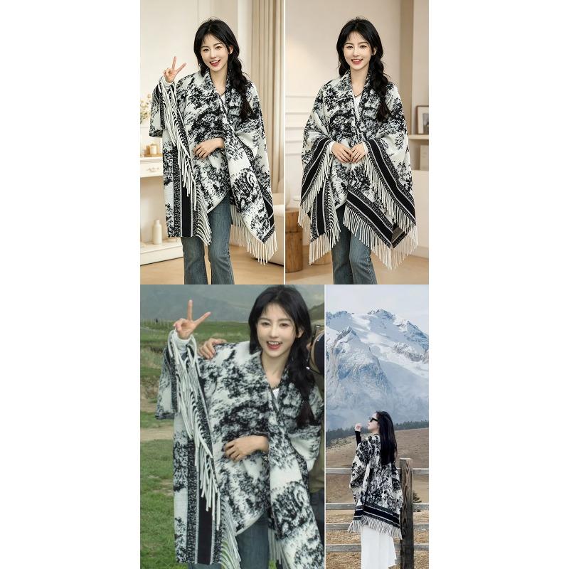 Long Chinese Style Patterned Scarf Warm Travel Decorative Cape For Women