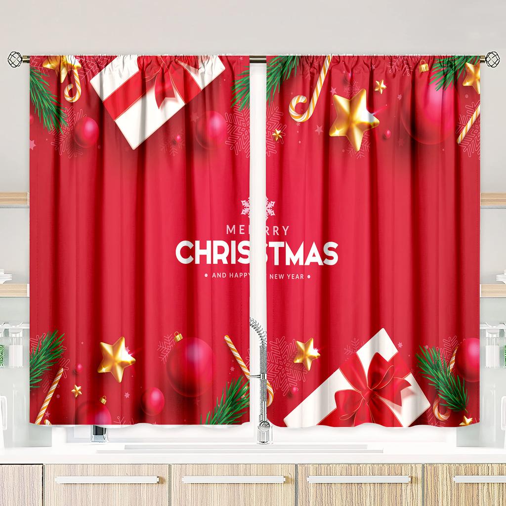 2 Pieces - Christmas - Printed Curtain - Polyester Material - Suitable for Bedroom, Living Room, Study Private Curtain